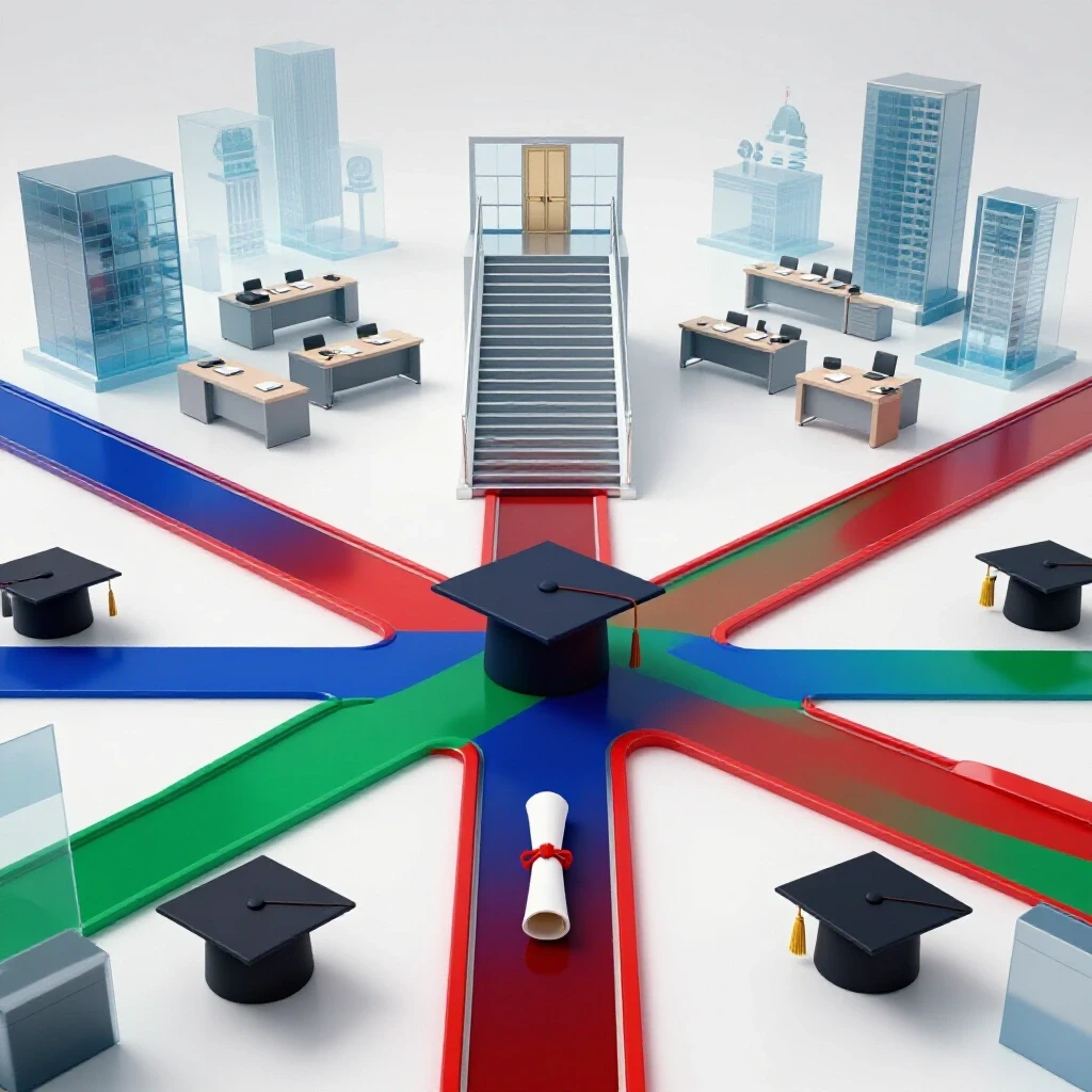Glossy colored crossroads with graduation caps transforming into steps leading to striking office environments