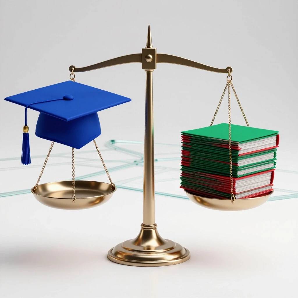 A balanced scale with a royal blue graduation cap on one side and vivid documents on the other, set on a bright background with subtle policy pathways.