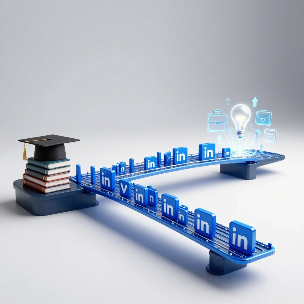 A luminous bridge of LinkedIn icons connects academic elements to glowing career symbols on a bright background