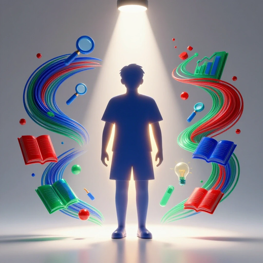Central glowing student silhouette illuminated by light, surrounded by swirling research icons and vibrant data streams.