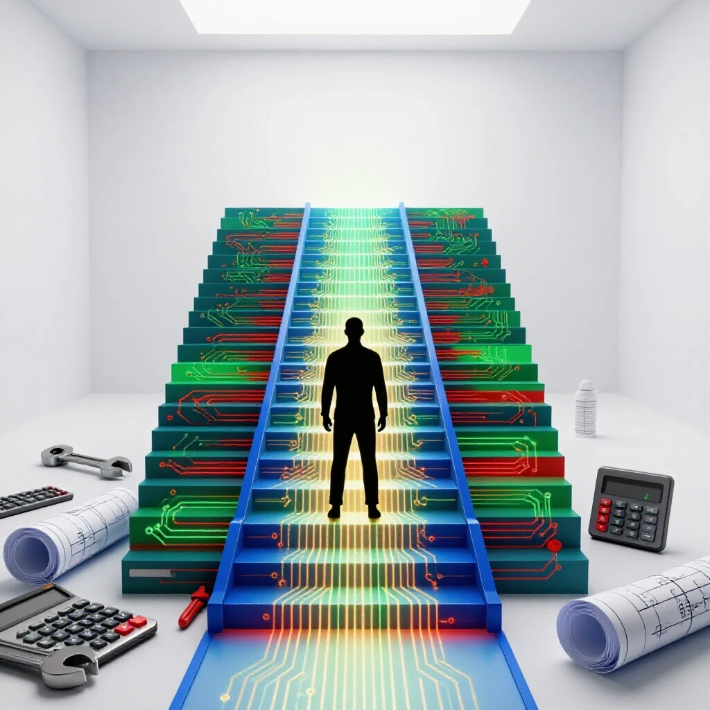 Abstract figure at base of circuit-patterned steps with engineering tools on a bright horizon background