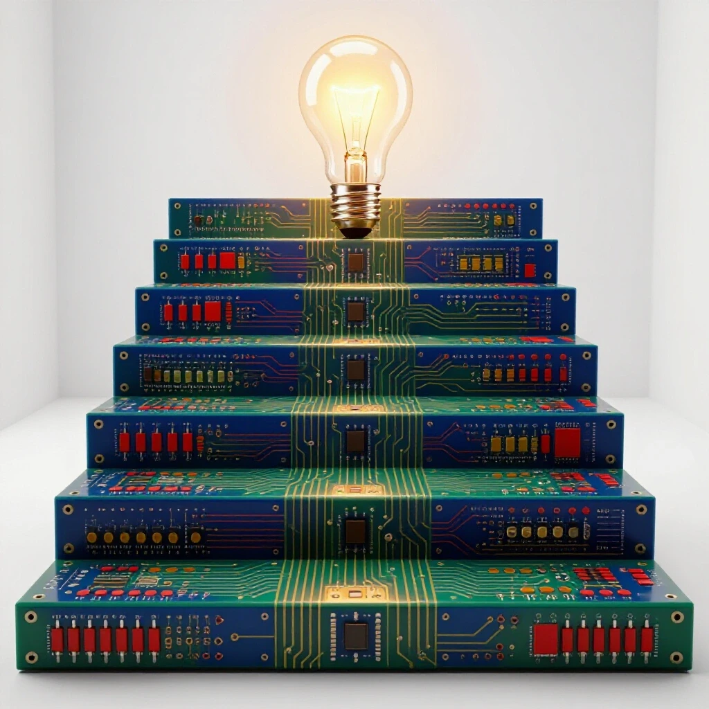 Glowing lightbulb atop circuit board staircase with electrical symbols in a radiant, bright studio setting