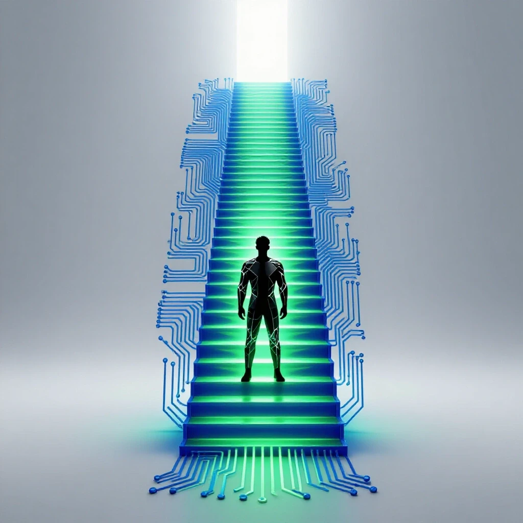 Futuristic circuit-board staircase ascends toward a bright horizon with geometric figure at the base, evoking the journey to becoming an electrical PE.