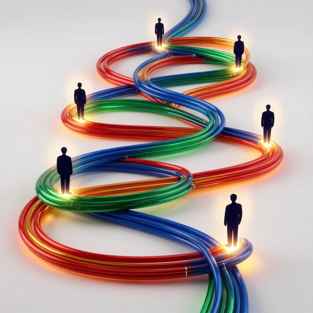 Vivid glowing electrical wires forming an ascending path with silhouetted figures at stages, each surrounded by increasing brightness, set against a luminous white background.