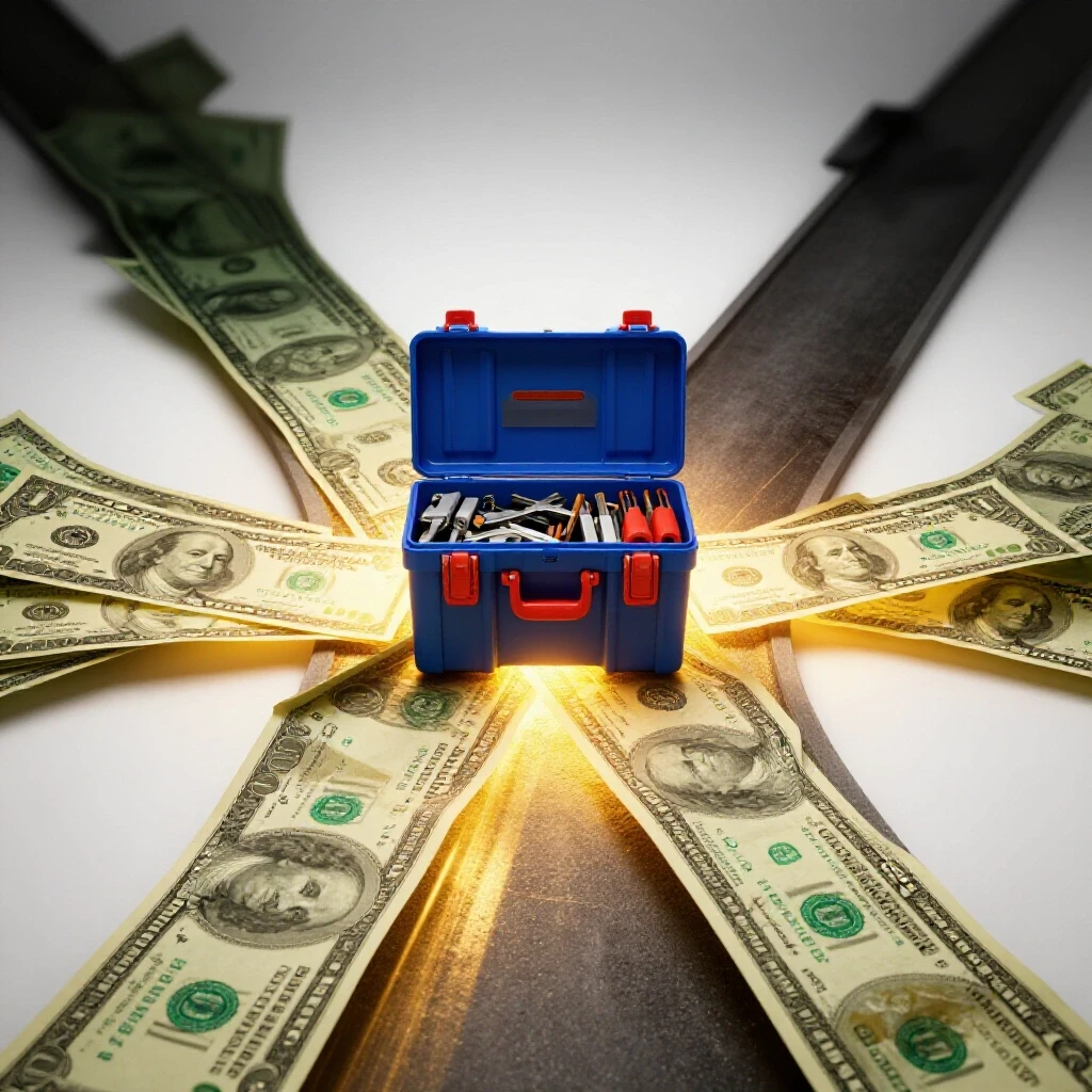 Electrician tools at a crossroads with one path paved in dollar bills and glowing light, symbolizing career ROI.