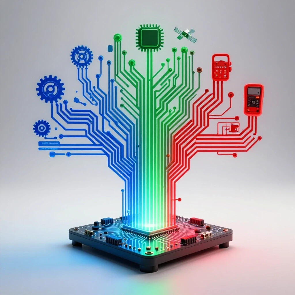 Glowing circuit board morphs into branching illuminated pathways with high-tech icons on a bright white background.
