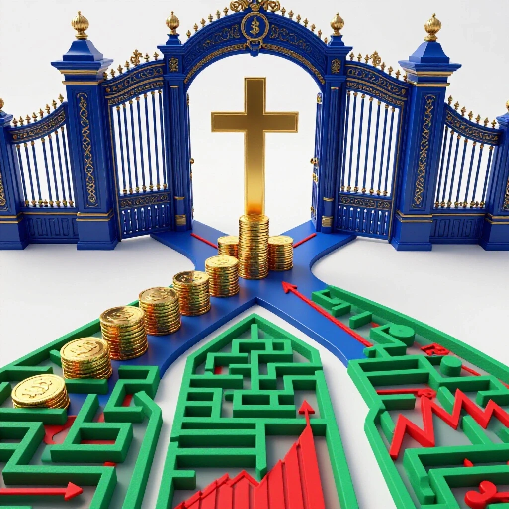 Crossroads beneath ornate college gates, one path leading to gold coin stacks, the other into a tangled maze of colorful charts and graphs on a bright background.