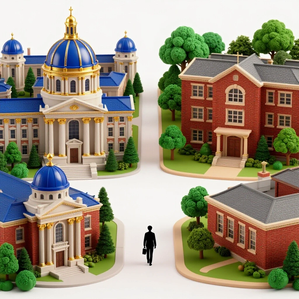 Split scene with a grand elite campus and a modest local school, student at the crossroads, vibrant contrasts.