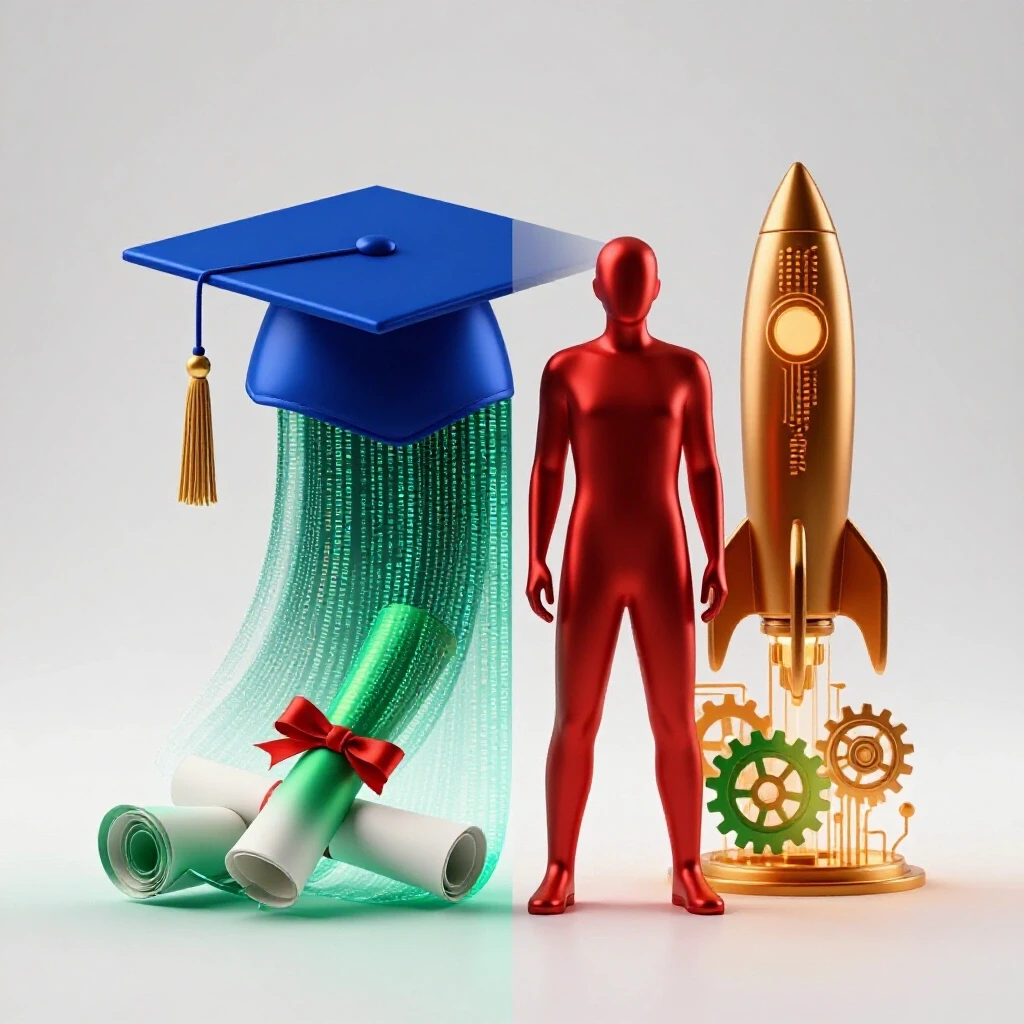 Split scene of a graduation cap and diploma dissolving into digital code alongside a silhouette with rockets and futuristic technology.