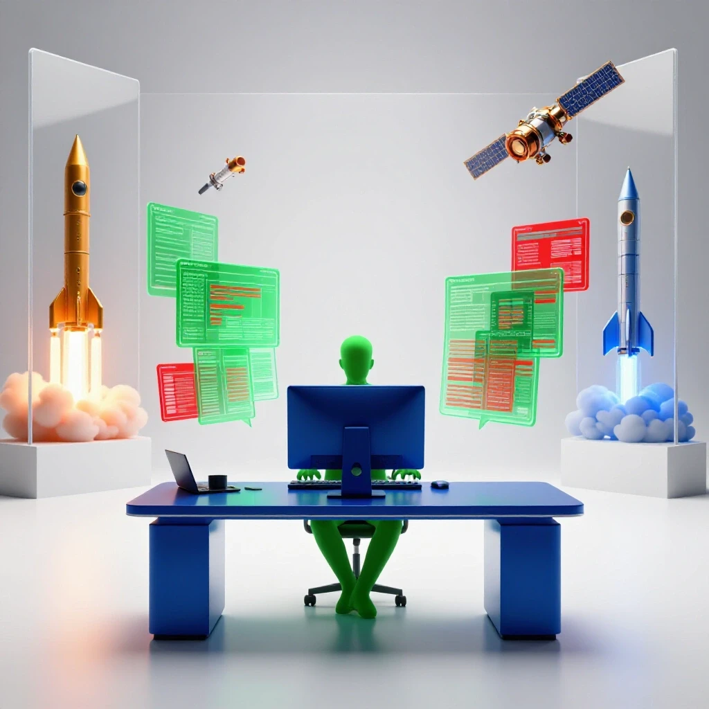 Futuristic workspace with dynamic digital interfaces, rockets, and satellites in a luminous studio setting.