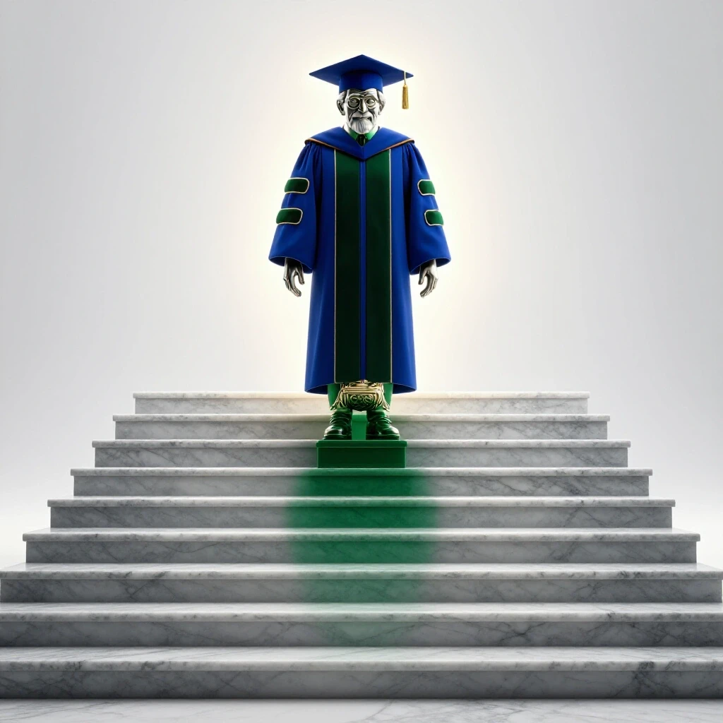A symbolic academic figure ascends marble steps merging into a graduation cap, surrounded by a glowing halo.