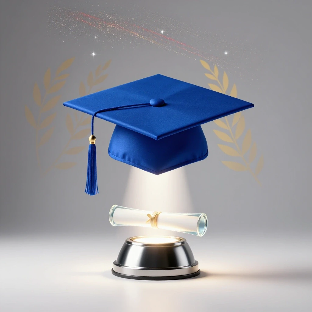 A glossy royal blue graduation cap forms into a spotlight illuminating a partially revealed diploma on a bright white background, with hints of academic and celebrity elements.