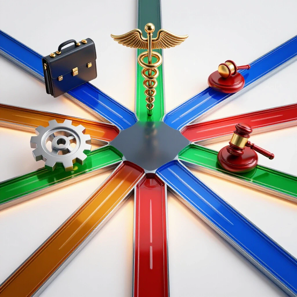 Bright crossroads with bold colored career path icons—briefcase, caduceus, gear, gavel—on radiant studio background.