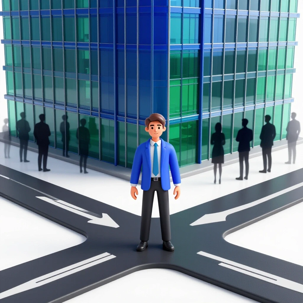 A confident student stands at a crossroads leading to a modern office as employer silhouettes observe in the distance.