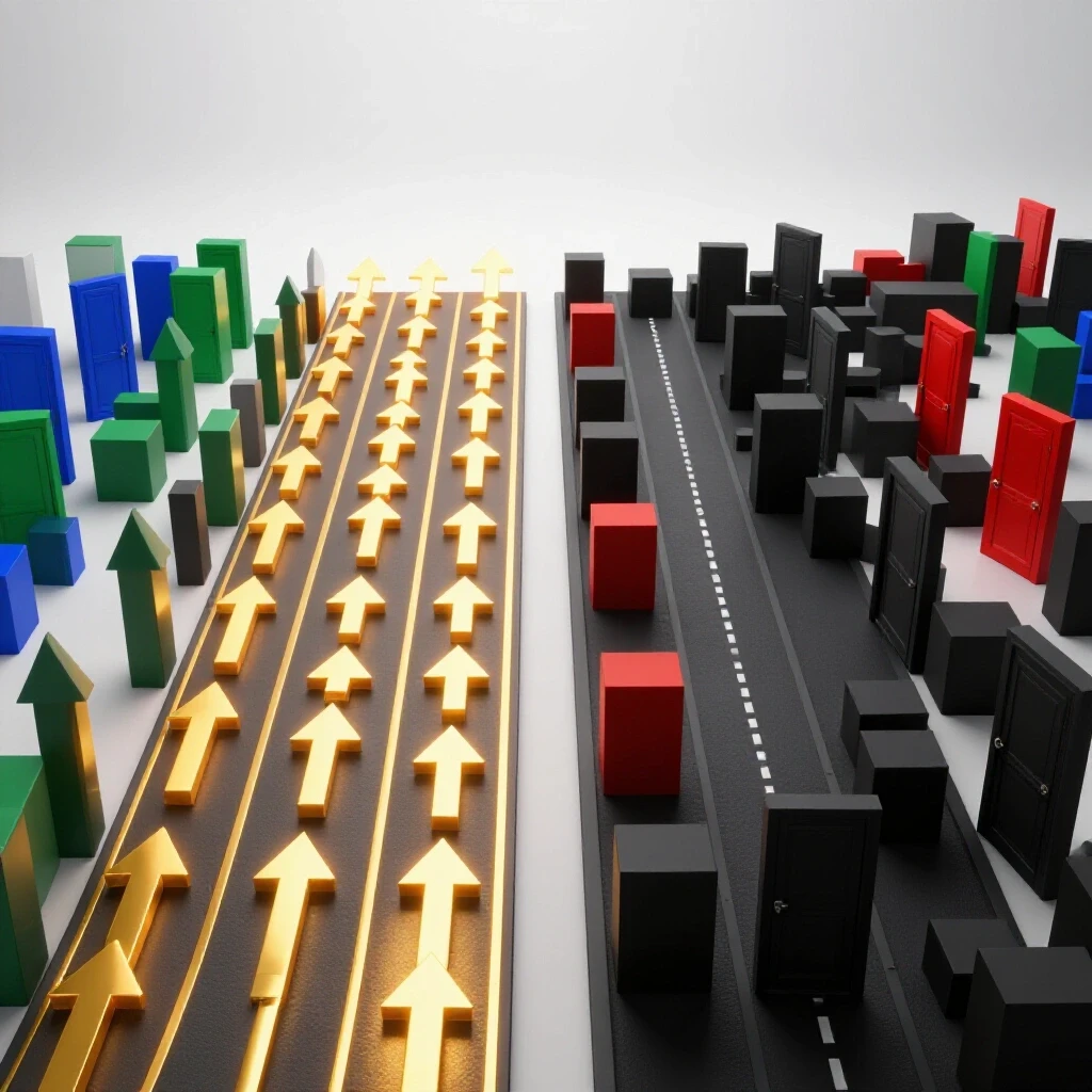 Split scene showing a golden-lit path of upward arrows beside a shadowy, obstacle-filled road, symbolizing career promise versus reality.