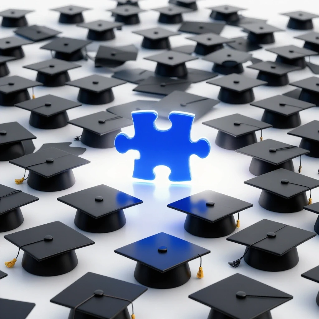 A glowing blue puzzle piece rises above scattered graduation caps on a bright white background, symbolizing alternative education.