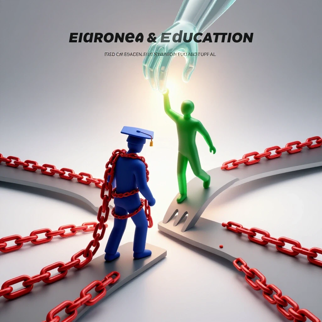 Two symbolic graduates at a bright forked path, one weighed down by debt chains, the other lifted by a glowing hand.