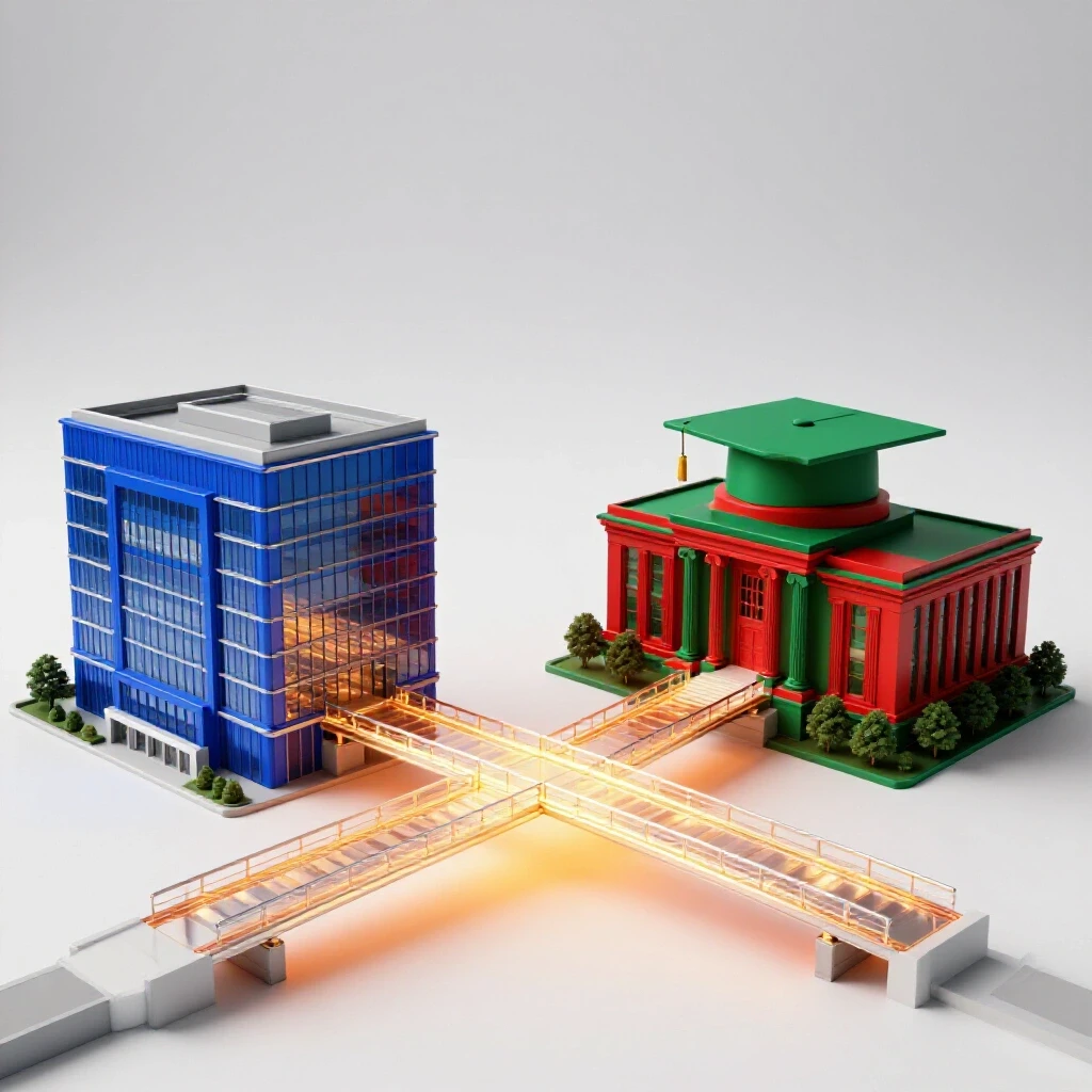 A glowing bridge links a modern office building and academic campus in vibrant colors, symbolizing employer-sponsored education.