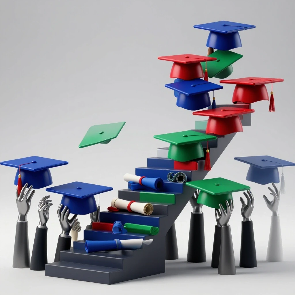 A central staircase of graduation caps and diplomas supported by abstract hands on a bright background.