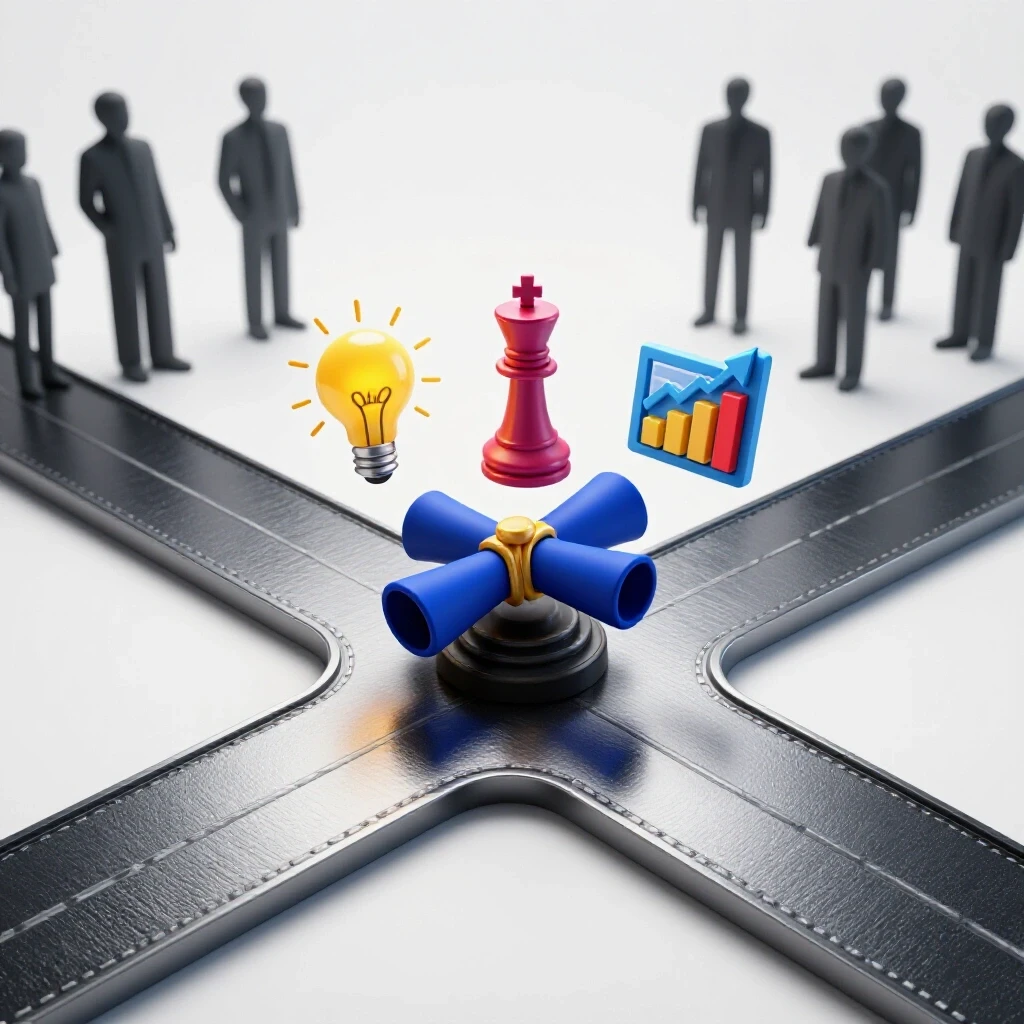 Crossroads with a shining diploma surrounded by innovation and leadership symbols on a bright background.