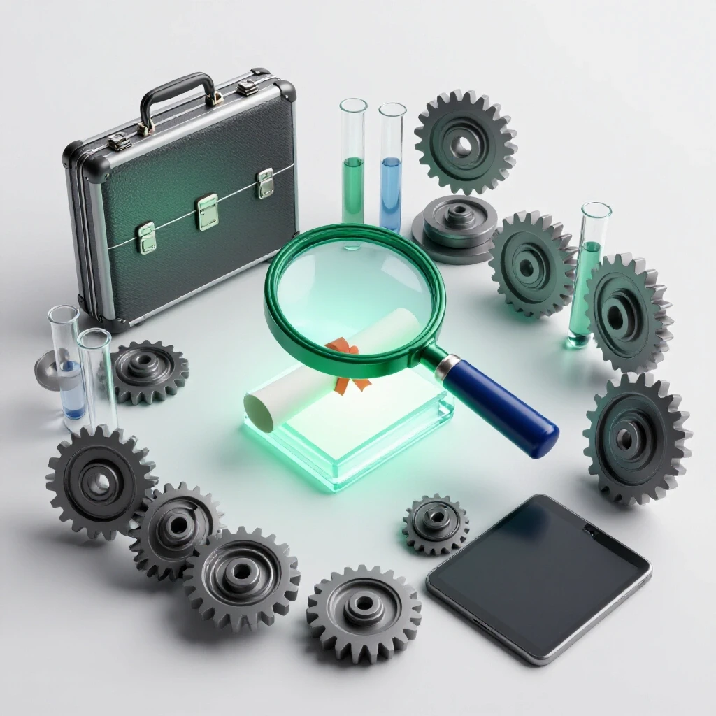 Cluster of career-related objects and a magnifying glass examining a glowing master's diploma in a bright studio setting.