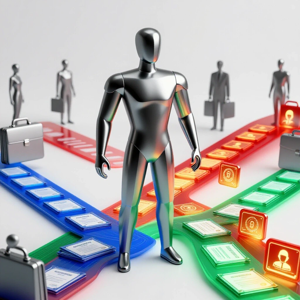 Abstract central figure at crossroads between certificates and digital icons as employers observe in background, vivid colors and clean studio setting.
