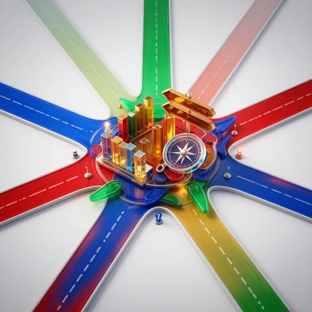 Colorful pathways with markers converge at a bright intersection featuring symbols of progress and measurement.