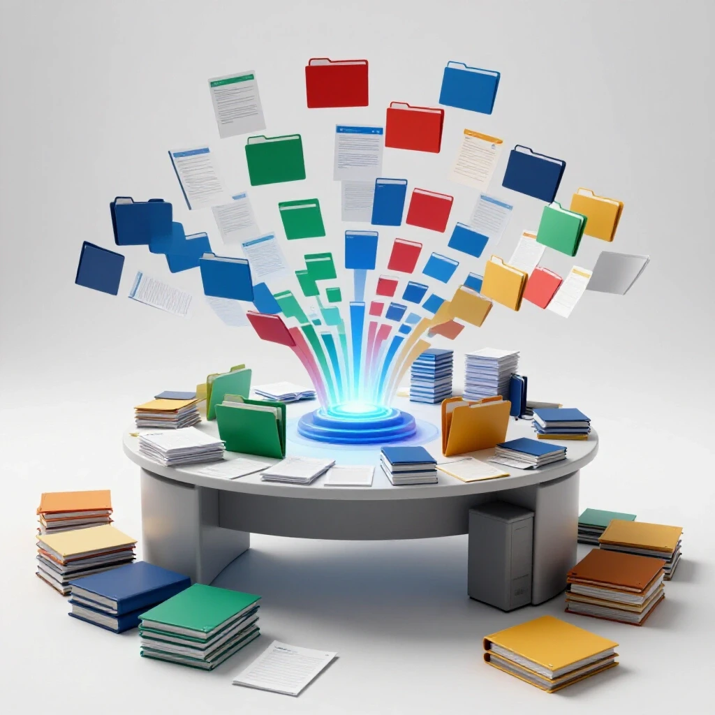 Cluttered desk morphing into organized digital files streaming into a glowing central hub