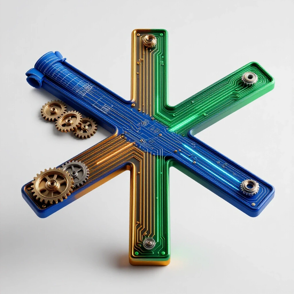 Two diverging paths at a crossroads with blueprints, gears, and futuristic tech on a bright background