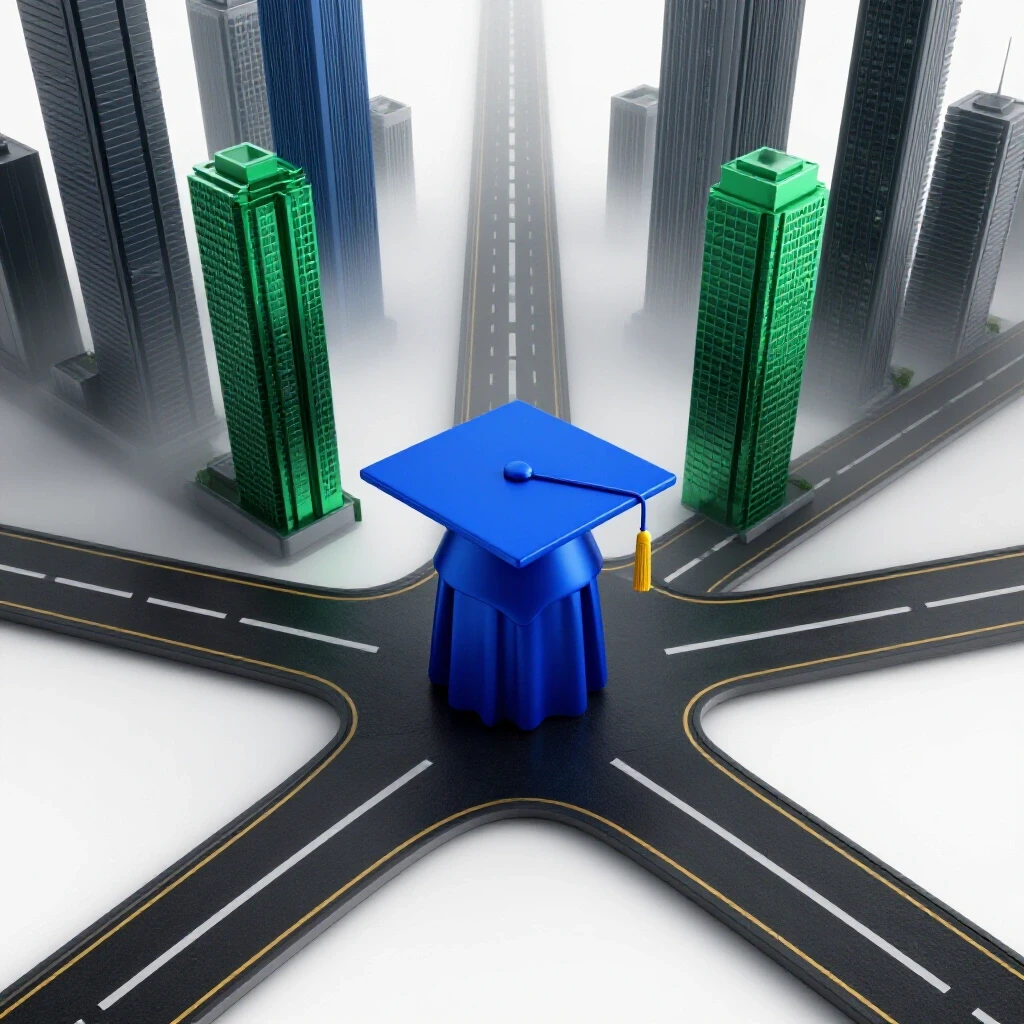 A crossroads with a graduation cap and gown at center, one path leading to skyscrapers, the other fading away.