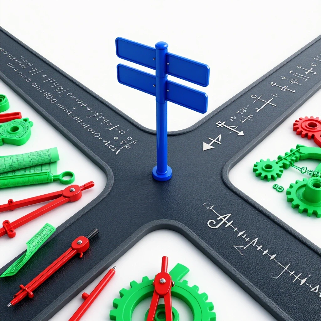 A crossroads with one path of complex mathematical symbols and another lined with colorful engineering tools, set on a bright background.