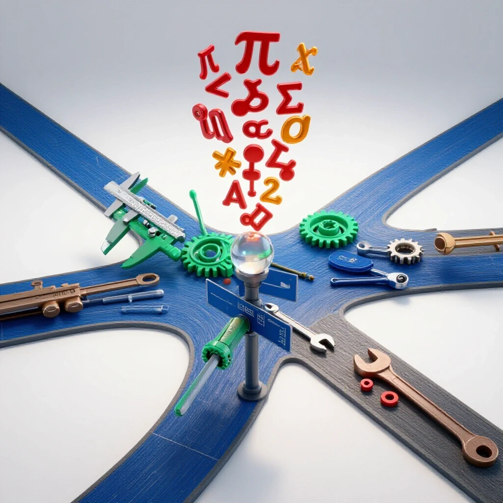 Two divergent paths at a crossroads, one lined with vibrant engineering tools, the other with bold mathematical symbols, on a bright background.