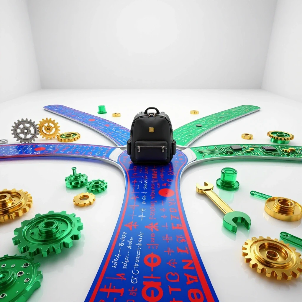 A forked path with math equations on one side and colorful engineering tools on the other, set in a bright studio.