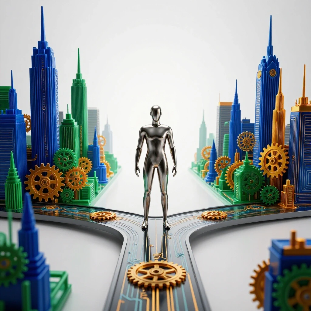 A stylized figure stands at a crossroads; one path leads to a city of gears and innovation, the other fades away.