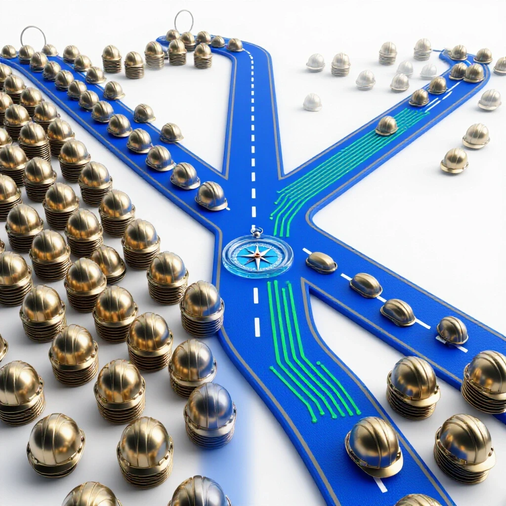 Diverging pathways symbolizing traditional and nontraditional engineering licensure routes with vibrant road and innovative objects on a bright studio background.