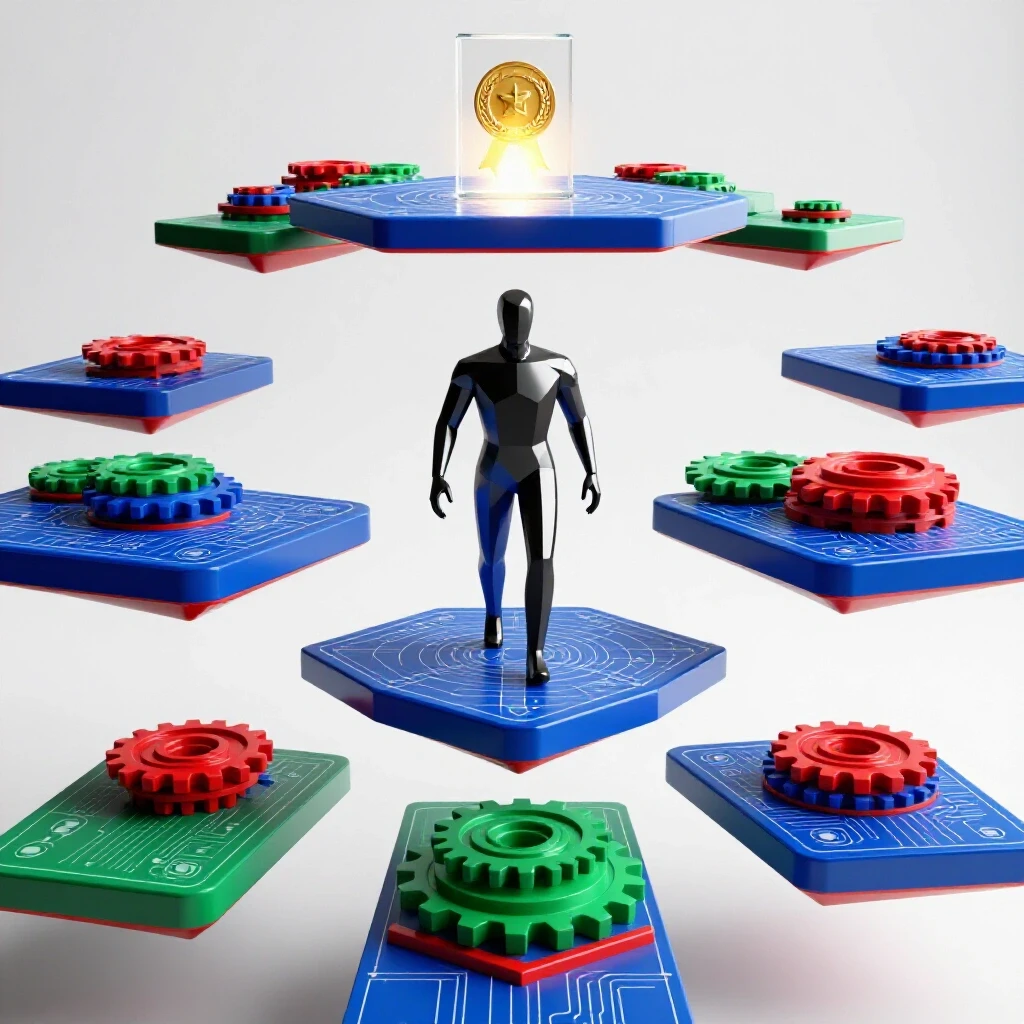 A faceless figure climbs vibrant, gear-shaped blueprint platforms toward a glowing certificate symbolizing engineering licensure.