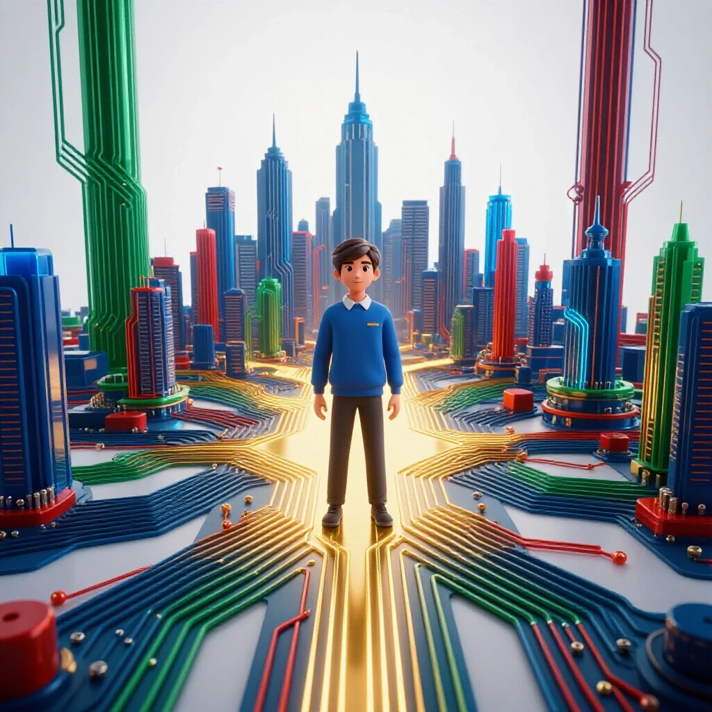 Confident abstract student at a glowing circuit crossroads leading to a vibrant futuristic city skyline.
