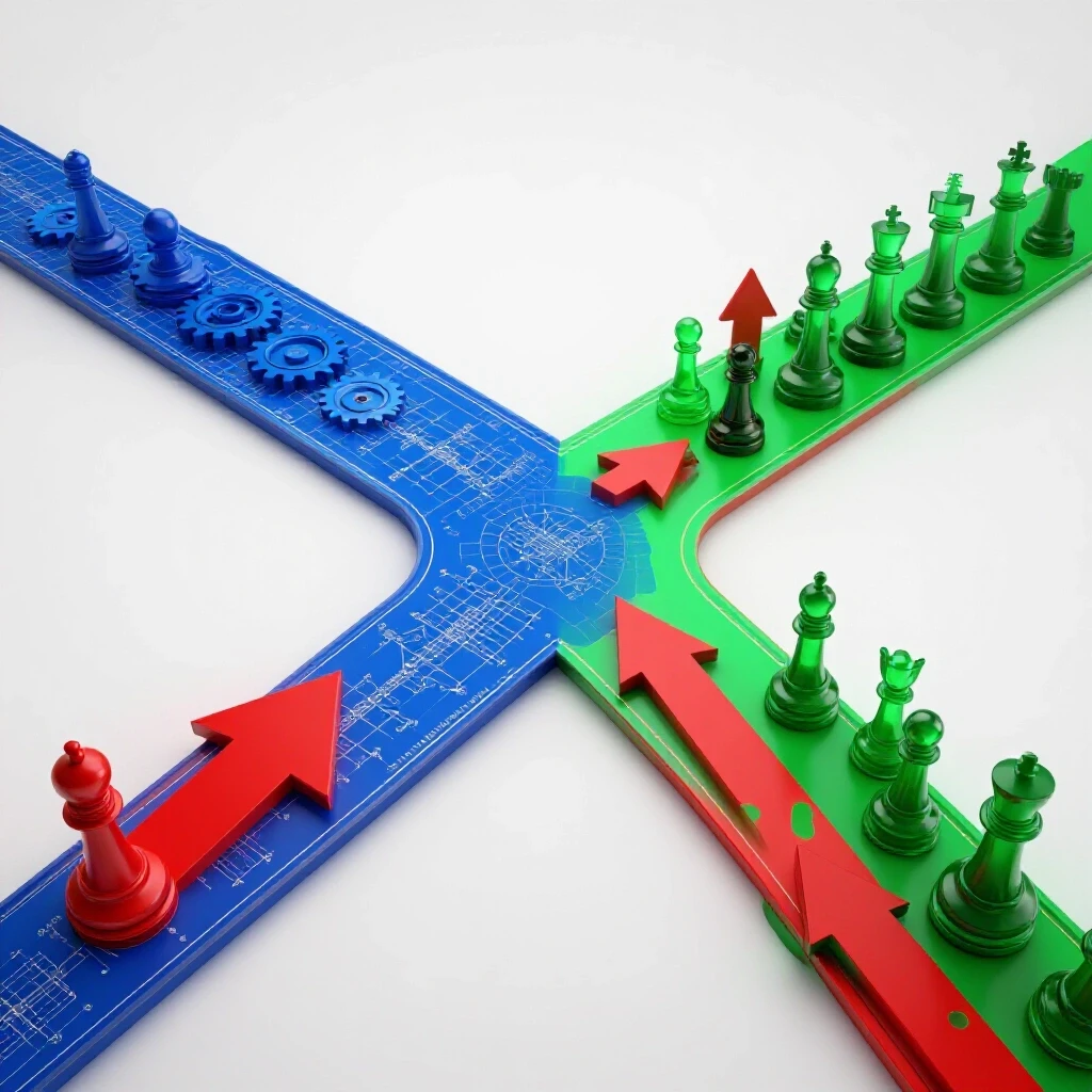A crossroads with blueprints and gears on one path, arrows and leadership icons on the other, symbolizing career transition.