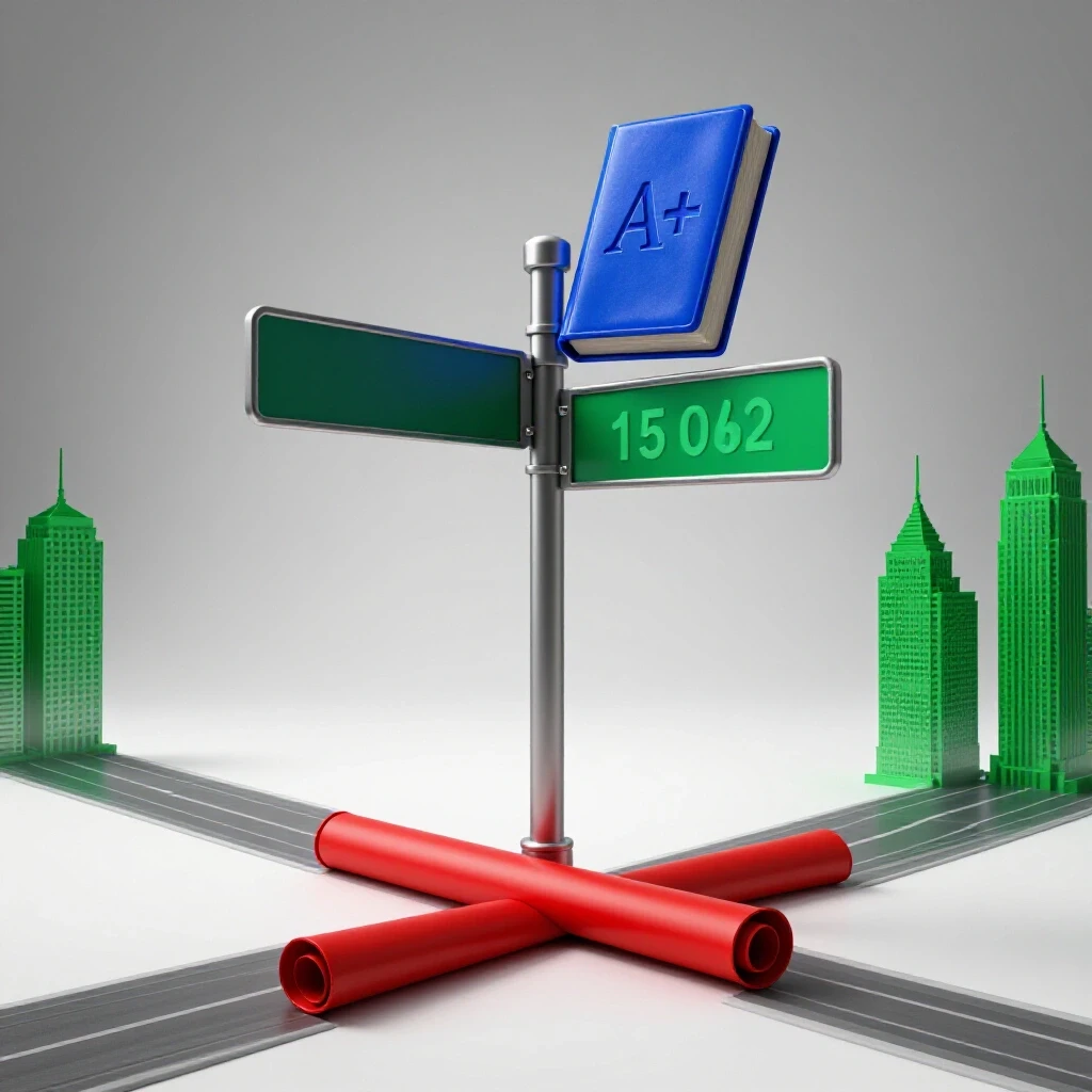 A crossroads signpost with a blue book on one side and green skyscraper on the other, scroll at base, on bright background