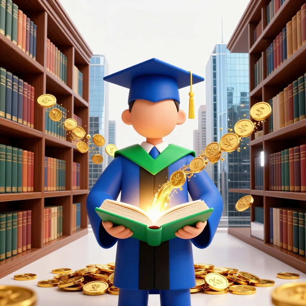 A graduate holding a glowing book with golden coins flowing between a library and office skyline.