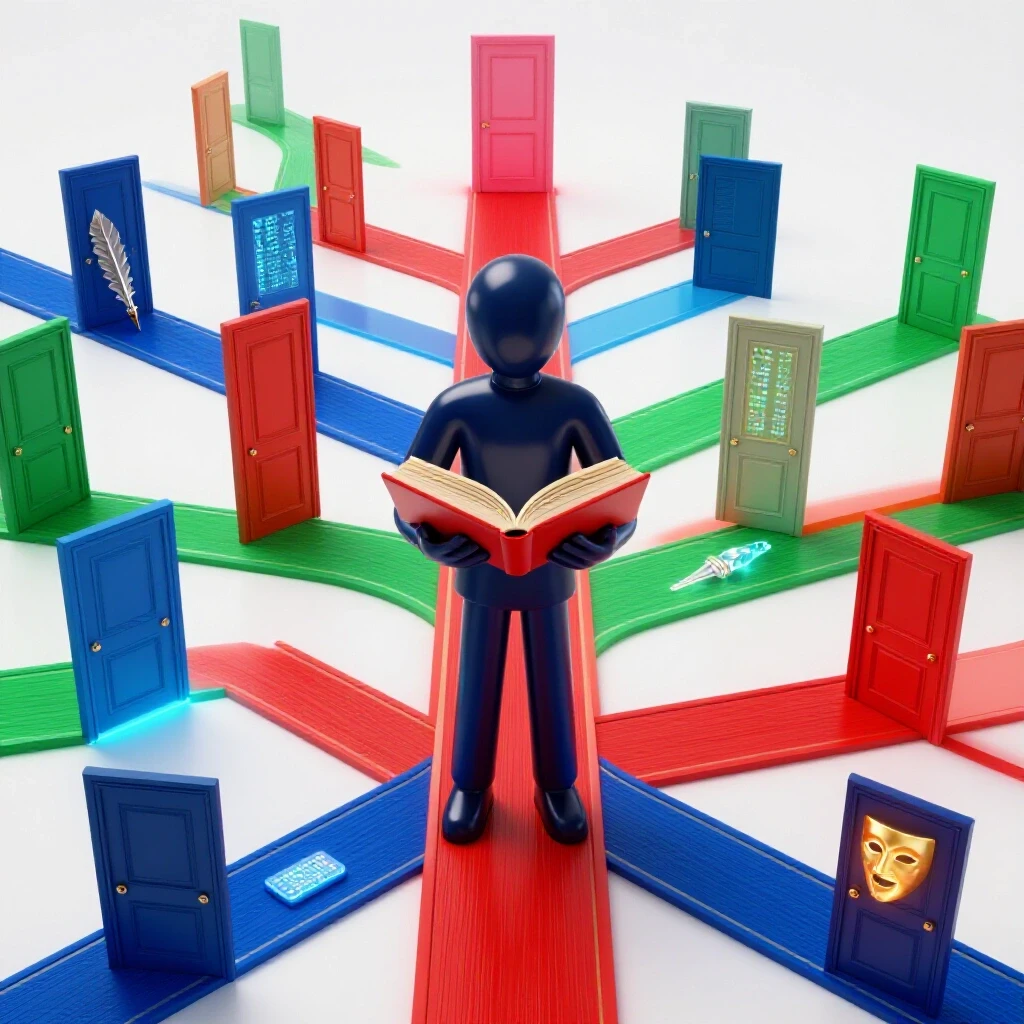 A central figure holding a book stands at a crossroads with multiple glowing doors and paths symbolizing diverse English degree jobs.