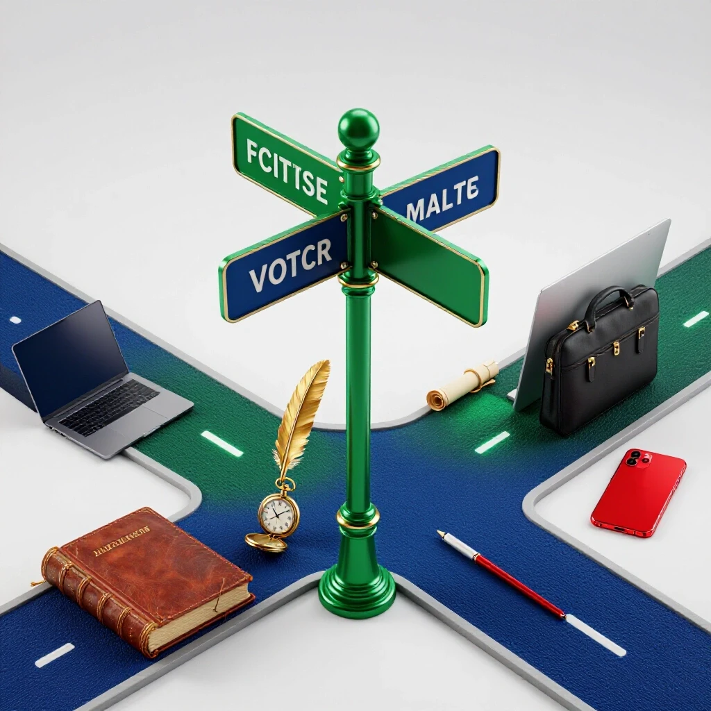 A crossroads signpost with classic literature objects and modern work symbols in rich colors on a bright background.
