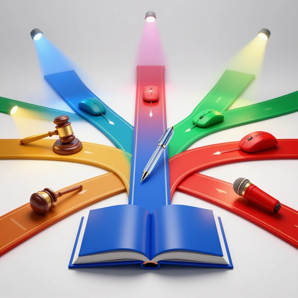 Open glossy blue book with vivid career symbols at a crossroads, paths highlighted by colorful spotlights.