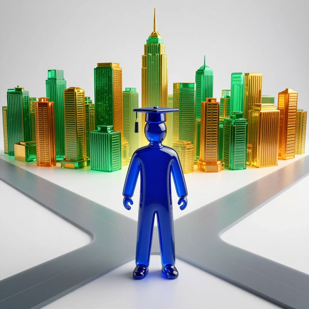 A glass-like blue graduate stands at a crossroads, one path leading to a vibrant amber and green city skyline, the other fading into uncertainty, set against a bright white background.