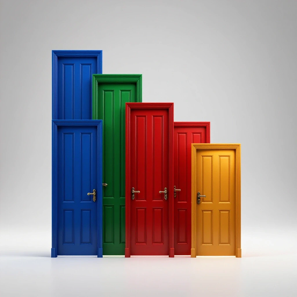 Series of vibrant, ascending colored doors glowing against a bright white background, symbolizing rising English proficiency levels.
