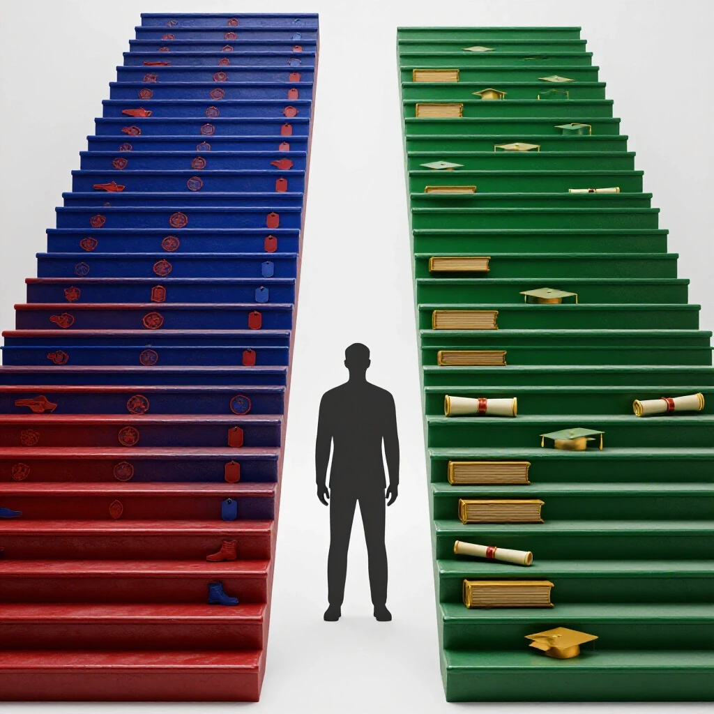 Dramatic split staircase with military and academic themes, centered on bright background, symbolizing career paths.