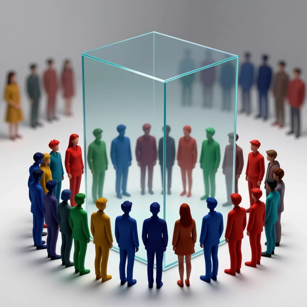 A group of colored student silhouettes facing a tall transparent barrier, with more silhouettes beyond it, all set against a bright white background.