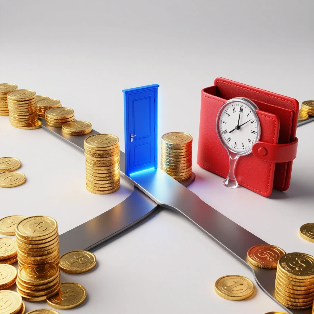 Forked path with glowing door and gold coins on one side, melting clock over empty wallet on the other, set in bright studio.