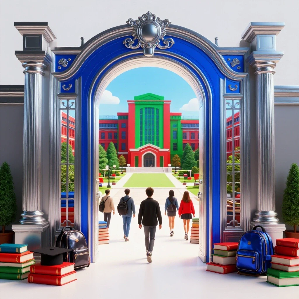 A glossy metallic gateway stands center, leading to a vivid, illuminated campus with academic symbols.