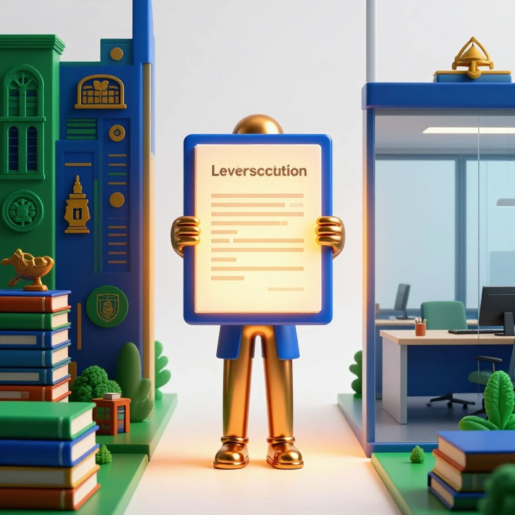 A glowing document held by a stylized student figure stands between a busy campus and a modern office, highlighting verification.